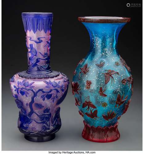 Two Chinese Peking Glass Vases Marks to tallest: four-charac...