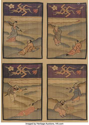 A Four-Panel Chinese Kesi Silk Scholars Embroidery, 19th cen...