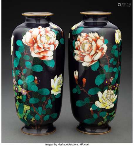 A Pair of Japanese Ginbari Cloisonné Vases 9-1/2 x 4-1/4 inc...