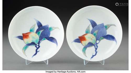 A Pair of Japanese Nabeshima Ware Peach Dishes 1-3/4 x 6 inc...