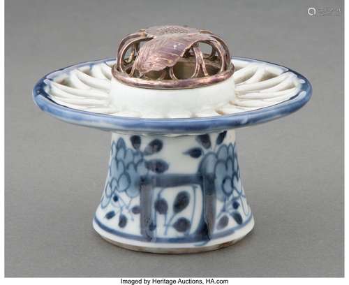 A Japanese Blue and White Censer with Silver Cover Marks: tw...