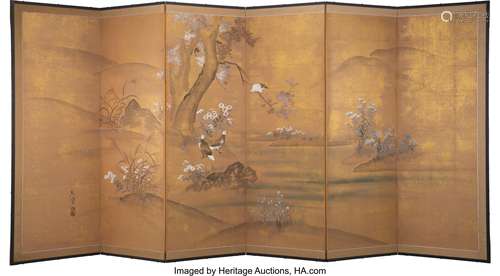 A Japanese Six Panel Folding Screen Marks: One colophon 65-3...