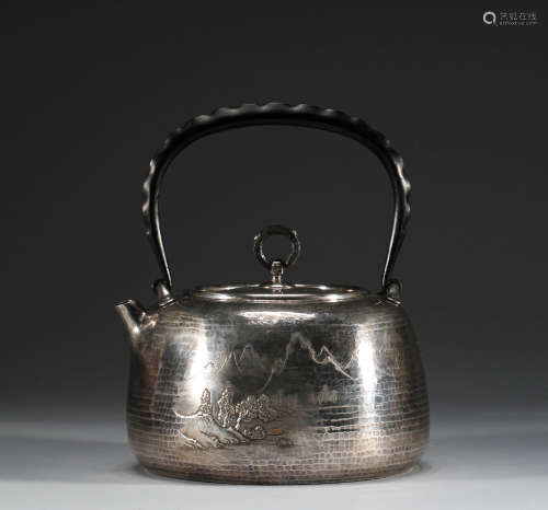 日本 純銀質嵌金茶壺