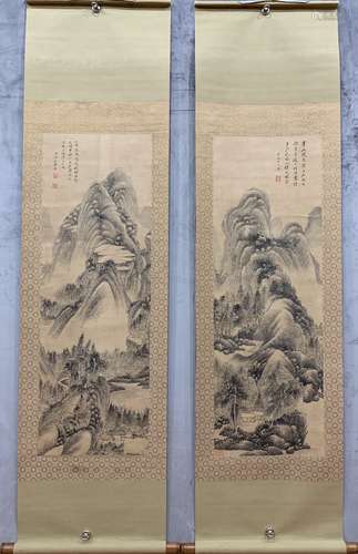 A PAIR OF CHINESE SCREEN LANDSCAPE  PAINTINGS SHI TAO MARKED