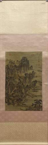A CHINESE FINE SILK LANDSCAPE  VERTICAL SHAFT PAINTING GUO X...