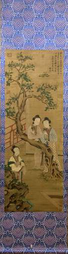 A CHINESE FINE  OLD SILK FIGURE  VERTICAL SHAFT PAINTING TAN...