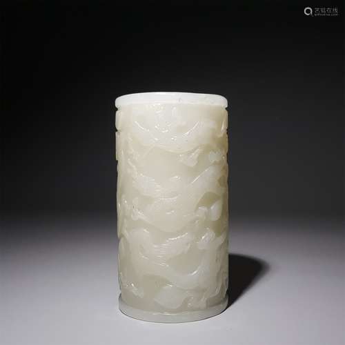 A HETIAN CARVED DRAGON BRUSH POT