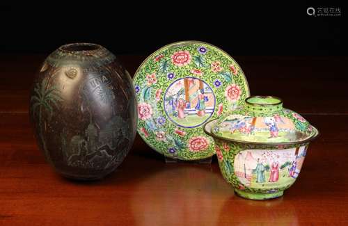 An Antique Mandarin Enamelled Rice Bowl with Cover & Saucer ...