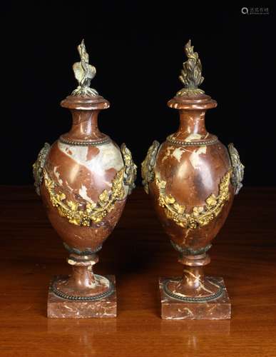 A Pair of Small 19th Century Rouge Marble Cassolettes with g...