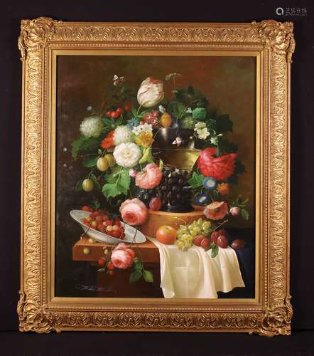 A Large 20th Century Oil on Panel: Still Life with urn casca...