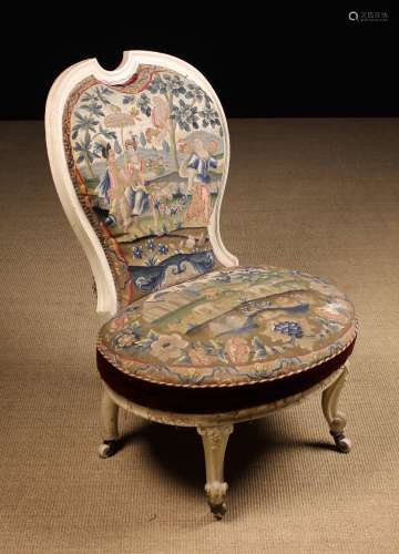 A Victoiran Balloon Back Chair painted white with needlework...