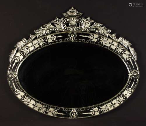 A Vintage Oval Venetian Etched Glass Wall Mirror.