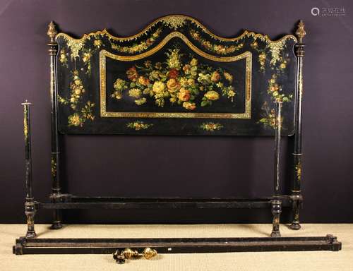 An Elaborate Victorian Painted Black Lacquered Bedstead.