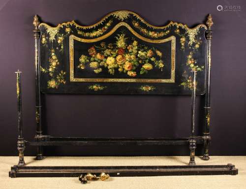 An Elaborate Victorian Painted Black Lacquered Bedstead.