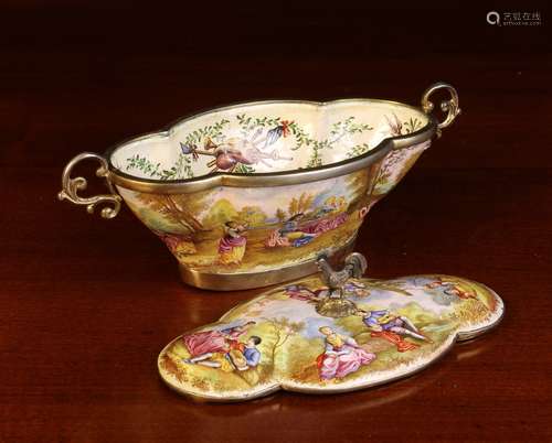 A Fine 19th Century Vienna Enamel Miniature Tureen of elonga...