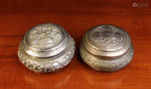 Two Decorative Eastern White Metal Silver Pots of round lidd...