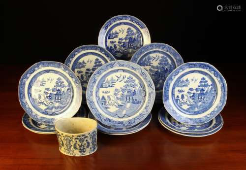 Fifteen Antique Pearlware Blue & White Plates transfer print...