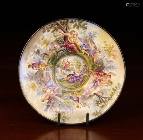 A Fine 19th Century Viennese Enamel Saucer painted in elabor...