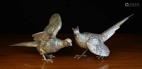 A Pair of Ornamental Silver Plated Studies of Pheasants, 11½...