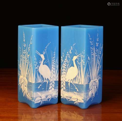 A Pair of Square Aesthetic Turquoise Glass Vases decorated w...