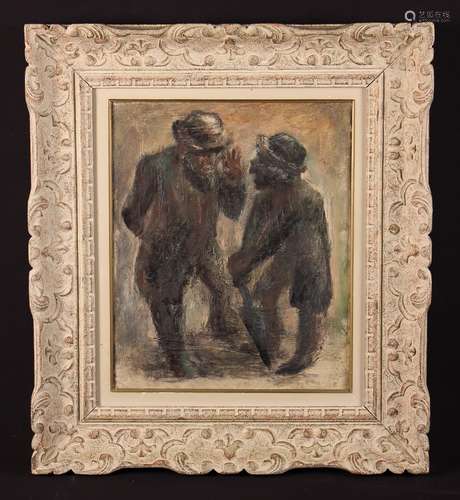 A 20th Century Oil on Canvas: Two silhouetted men wearing bo...