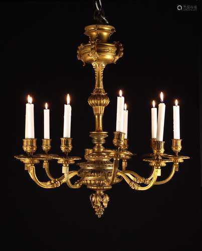 A Louis XIV Style Gilt Bronze Ten Branch Chandelier.