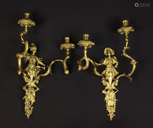 A Pair of 19th Century Regence Style Ormolu Twin-branch Figu...