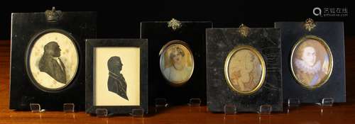 A Group of Miniatures: An oval silhouette painting of a port...