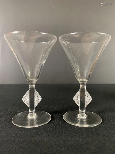 Pair Signed Rene Lalique Art Deco Liqueur Glasses