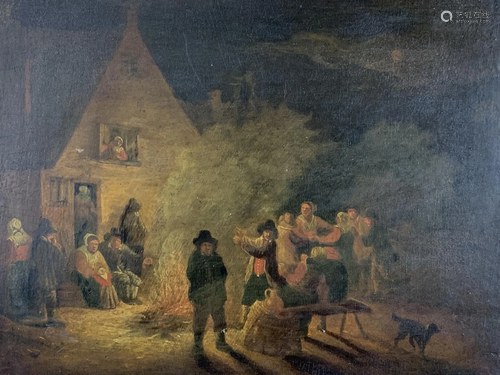 18th/19th C Oil On Panel, Village Scene