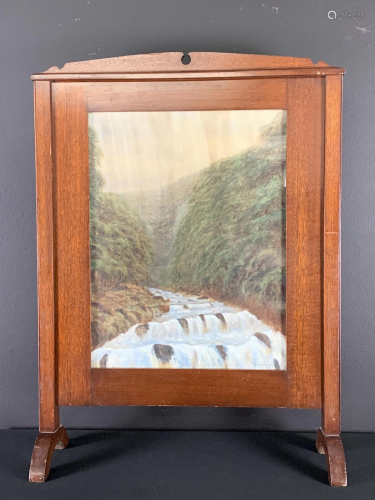 Arts And Crafts Painted Landscape Fire Screen
