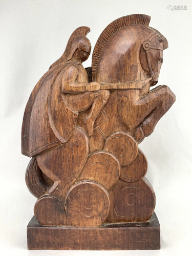 Signed 1932 Art Deco Wood Carved Knight