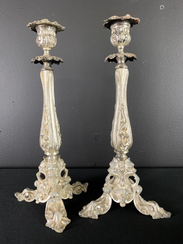 Pair Silver Plated Art Nouveau Tripod Candlesticks