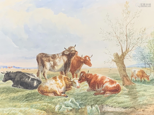 Thomas Sidney Cooper Watercolor, Cows In Field