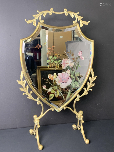 Antique Brass And Painted Mirror Fire Screen