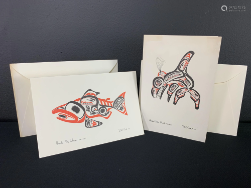 Two Bill Reid Haida Card Art Prints, Salmon, Whale
