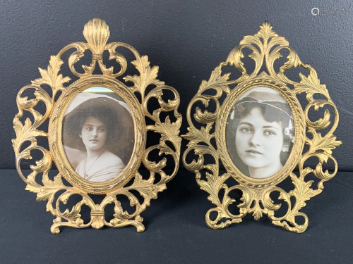 Pair Antique Ornate Brass Easel Picture Frames