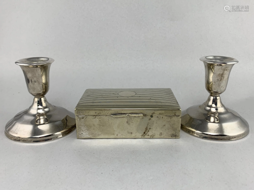 Lot Silver Plate, Cigarette Box and Candlesticks