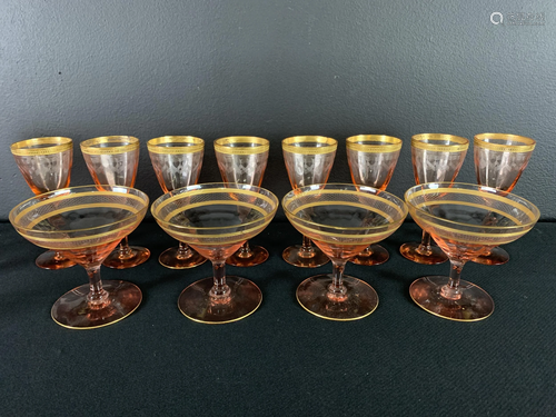 Lot Pink Depression Stemware, Etched Gold Rims