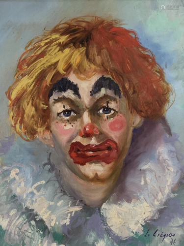 Signed Oil on Canvas Portrait of a Sad Clown