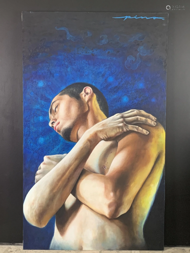 Large Modernist Male Nude Oil Canvas Signed Pino