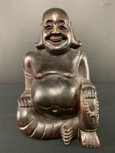 Asian Carved Wood Laughing Buddha Seated, Beads
