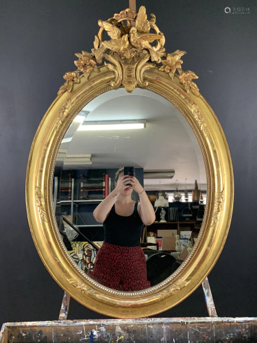 Large French Antique Gilt Oval Beveled Mirror