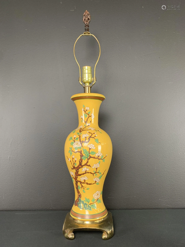 Vintage Yellow Asian Style Porcelain Lamp, Brass