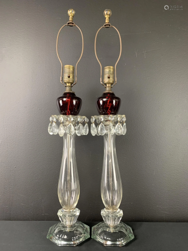 Pair Antique Clear And Ruby Glass Lamps