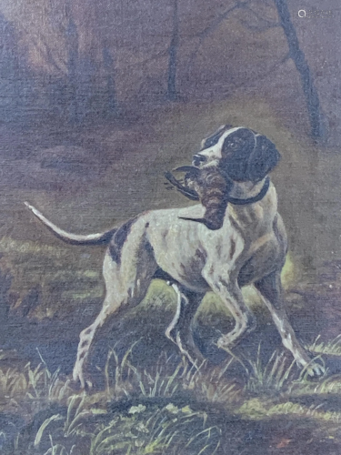 Unsigned Oil On Canvas, Hunting Dog With Bird