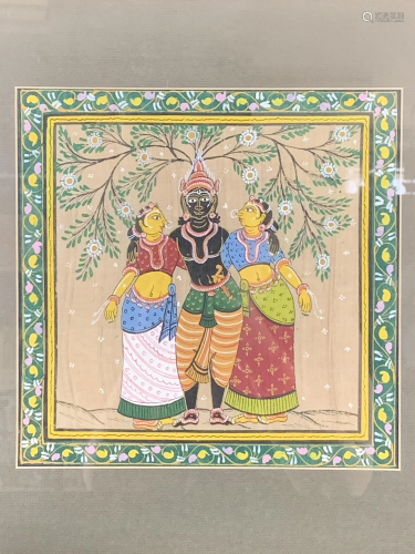 Indian Painting On Silk, Two Women With Krishna