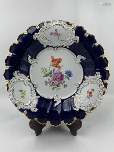 Large Meissen Dish, Gilt Cobalt With Flowers