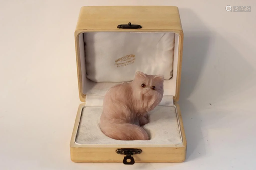 Russian Carved Pink Stone Cat in The box w