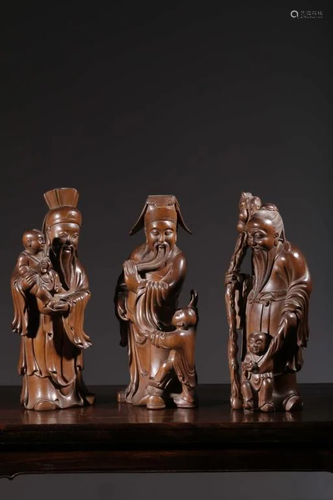 Three Chinese Qing Huangyang Wood Fu Lu Shou Statu